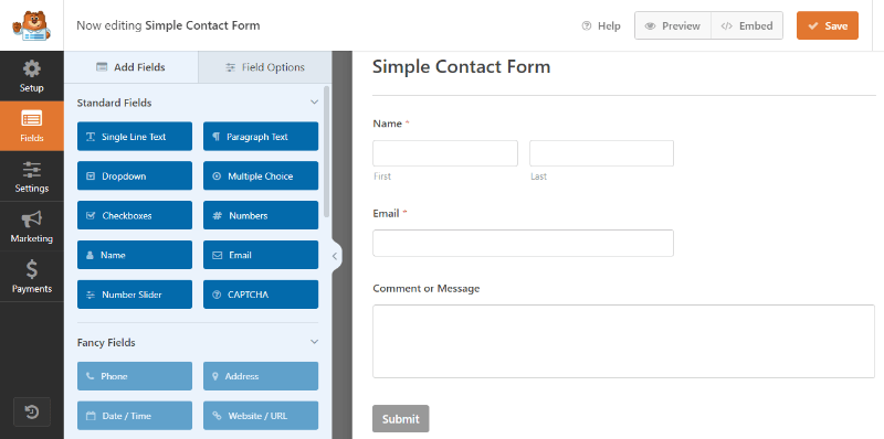 WPForms contact form selected template