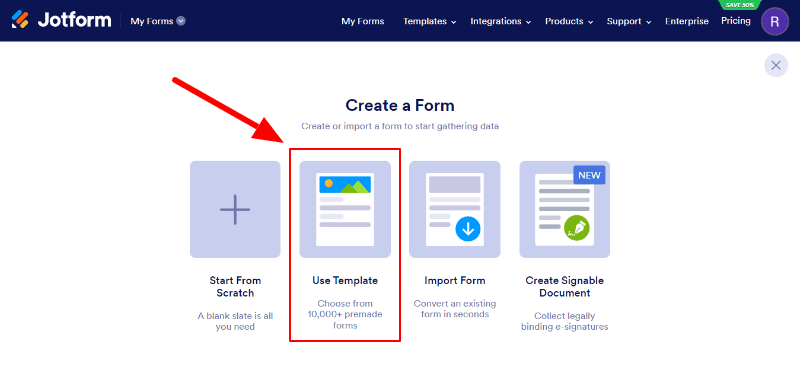 jotform click use template