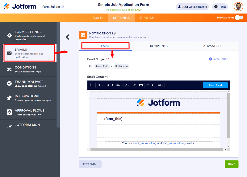 jotform form email settings