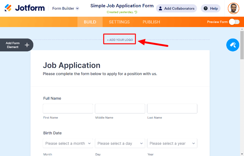 jotform job application form add organization logo name