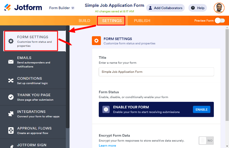 jotform form settings