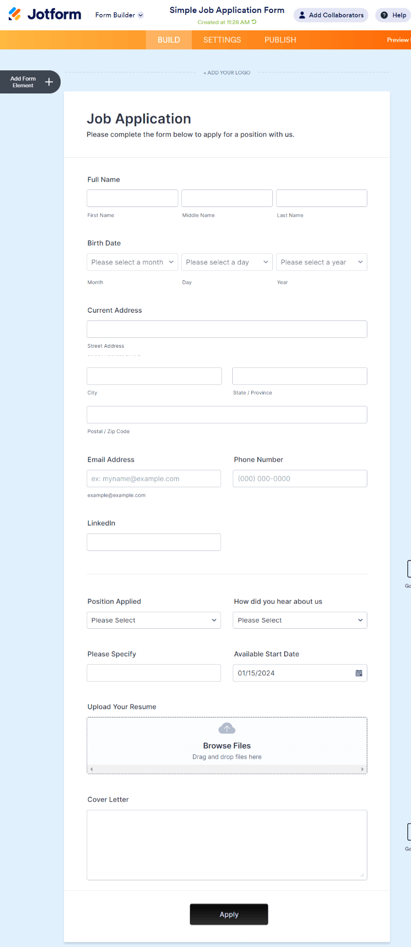 jotform job application form template view