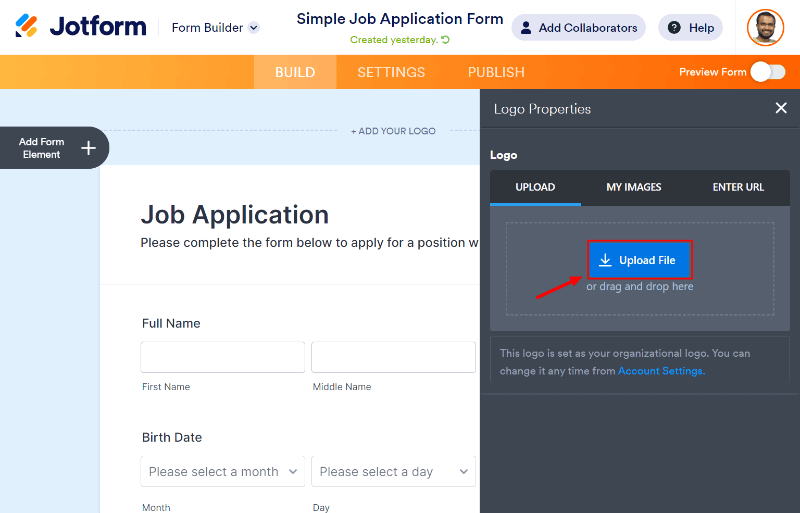 jotform job application form upload brand logo How to Create Online Job Application Form with Jotform