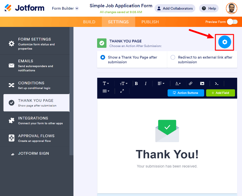 jotform form thank you page settings