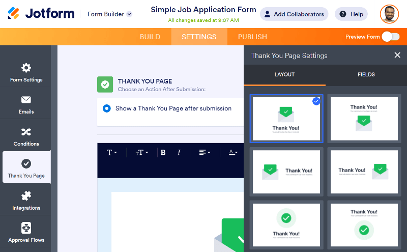 jotform form thank you page templates