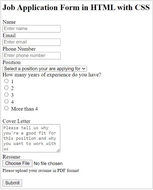 Job Application Form in HTML