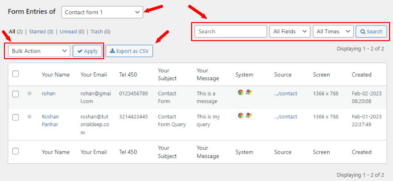 CRM entries different option and filters