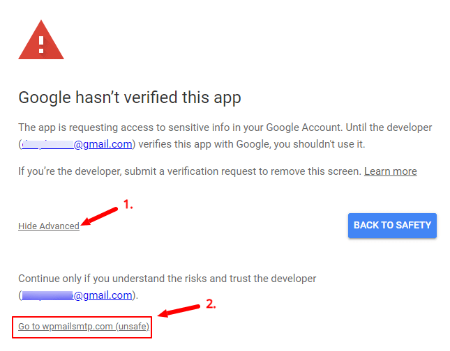 wp mail smtp google hasn't verified app