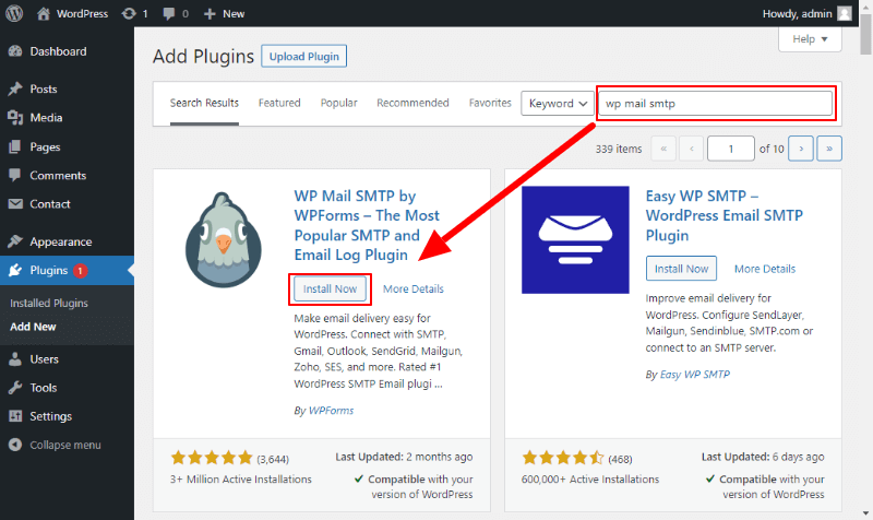 wp plugin add new search wpmalsmtp click install