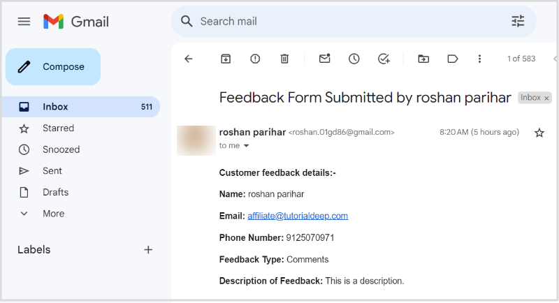 Feedback Form Email Format on Gmail