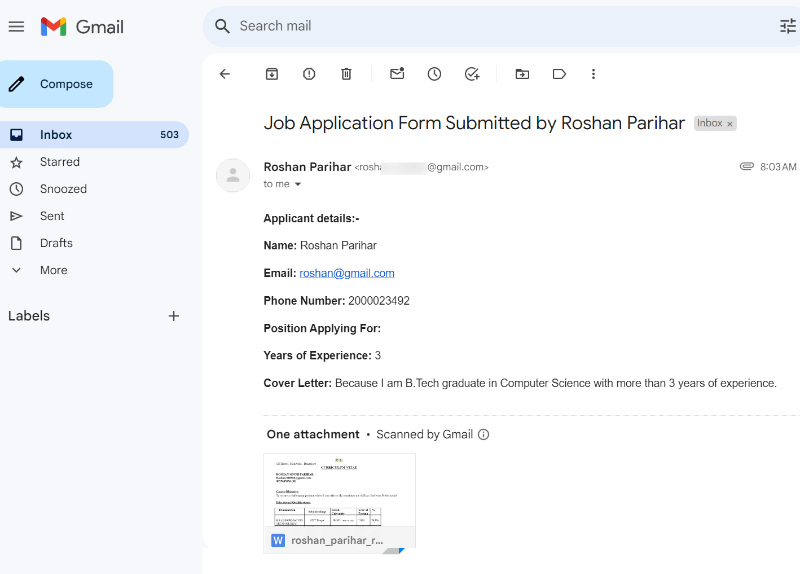 Job Application Form Email Format on Gmail