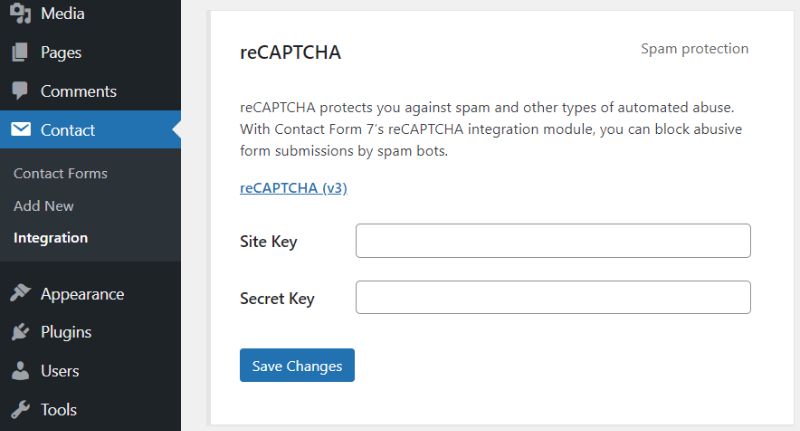 integration recaptcha setup keys How to Use Contact Form 7 Plugin in WordPress