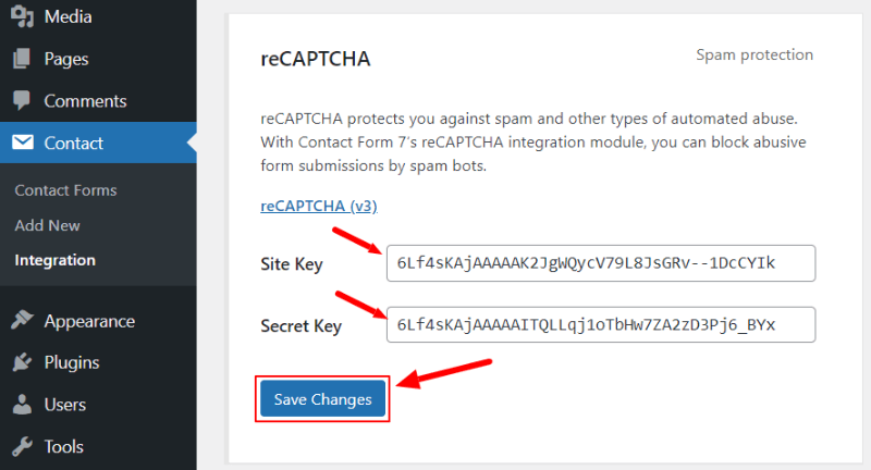 wp enter recaptcha google keys