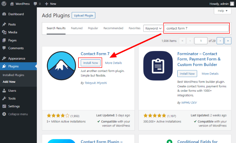 wp plugins search contact form7 click install