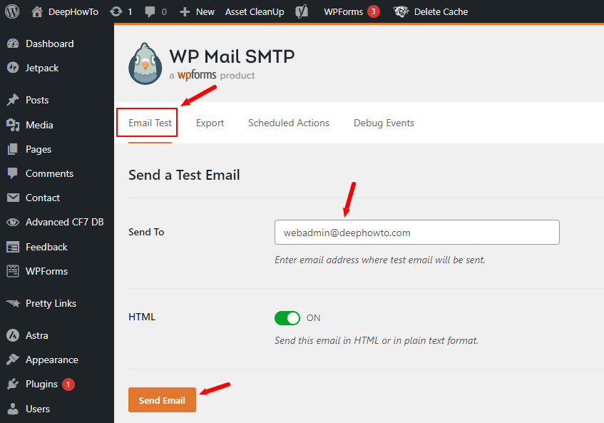 wp mail smtp email test