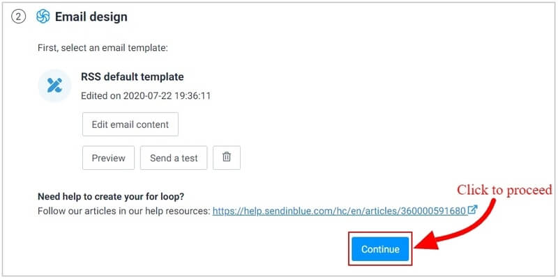sendinblue-rss-email-campaign-email-design-click-continue-proceed Start Doing Email Marketing tutorial