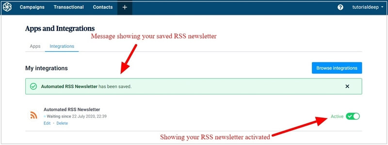 sendinblue-rss-email-campaign-saved-and-activated Start Doing Email Marketing tutorial