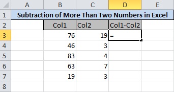 Place equalsto(=) Operator in The First Rows of Data Under (Col1-Col2) Cell