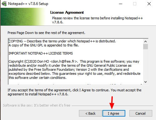 click agree to continue installing notepad++