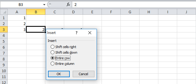 Choose Entire row option by using arrow key to add new row