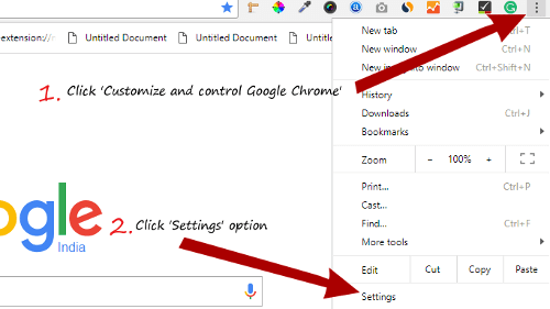 Google chrome steps to click setting