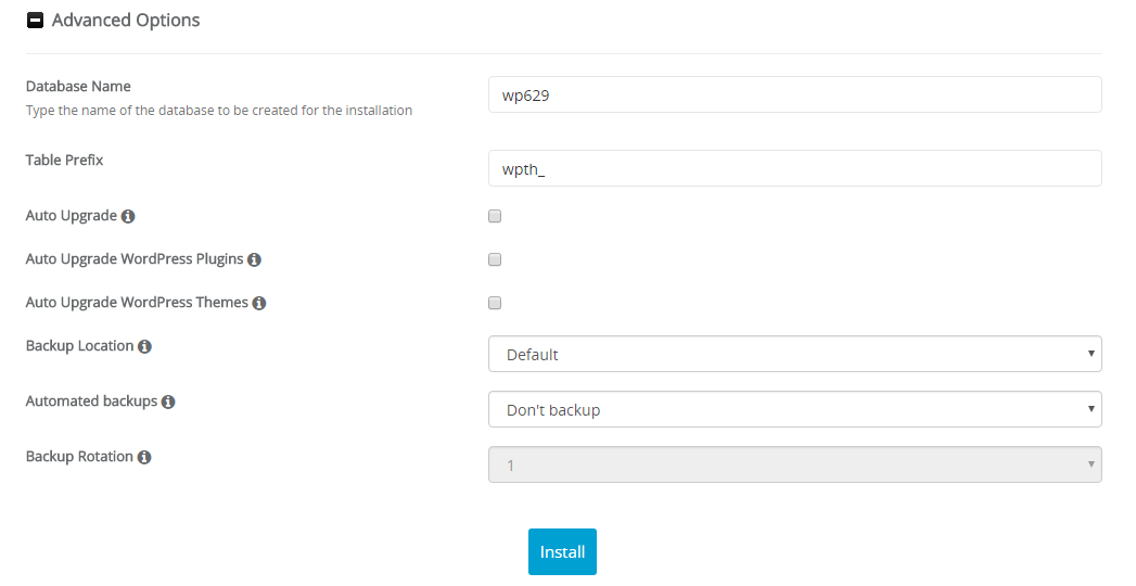 install wordpress give database name