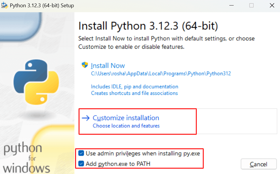 Click customize option of python to install python on custom location on Windows 10 for specified location