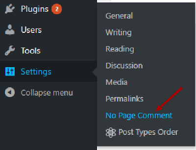 go to settings page of no page comment plugin image