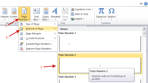 Click bottom and select format Add Page Numbers in MS Word Document footer