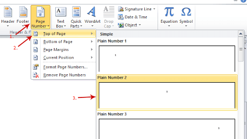 Click top and select in MS Word Document