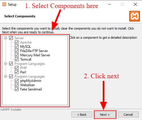 install-php-xamp-select-components Install PHP on Windows