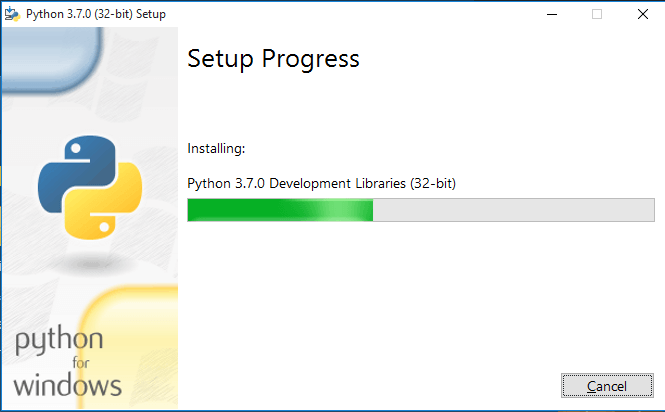 Python installation is in progress mode to install python on Windows 10 for automated location