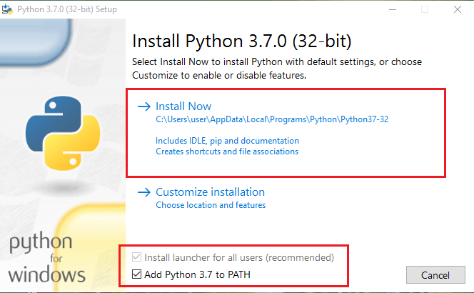 Click python setup to install python on Windows 10 to automated location