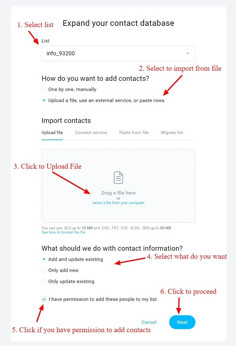 Upload option to import contacts from file