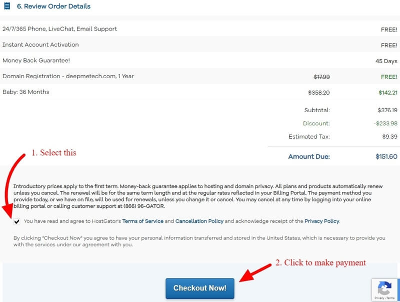 HostGator shared hosting review order click checkout
