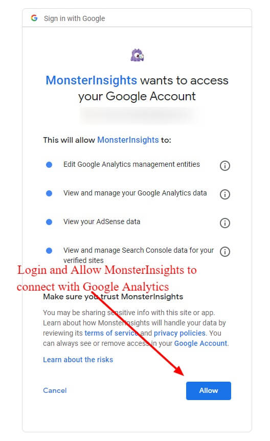MonsterInsights Setup Wizard connect MonsterInsights allow Google Analytics to connect