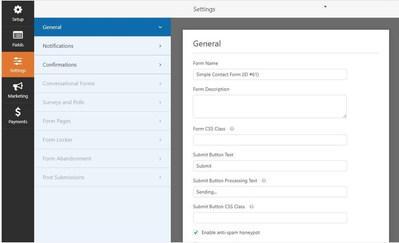 WPForms review lite general settings