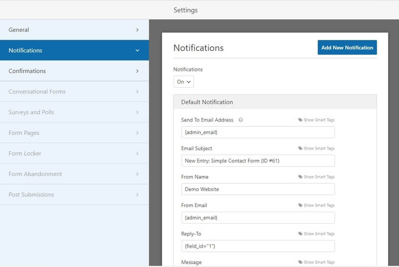 WPForms lite notifications settings