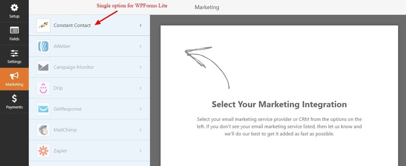 WPForms lite signup form marketing tab