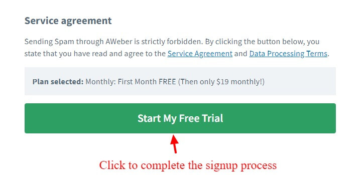 Click on the button to complete signup process with AWeber