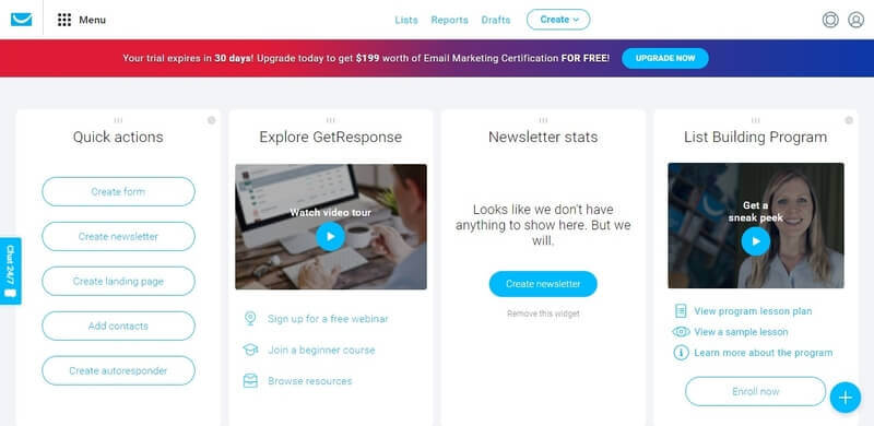 GetResponse dashboard after signup