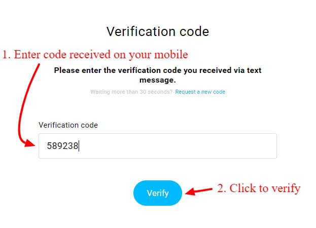 Enter code received to your mobile