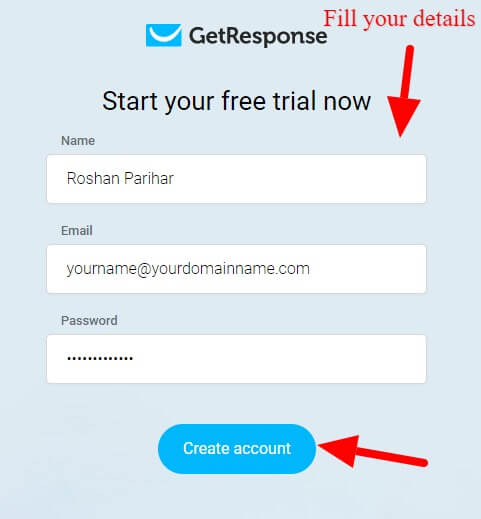 GetResponse enter name, email, and password