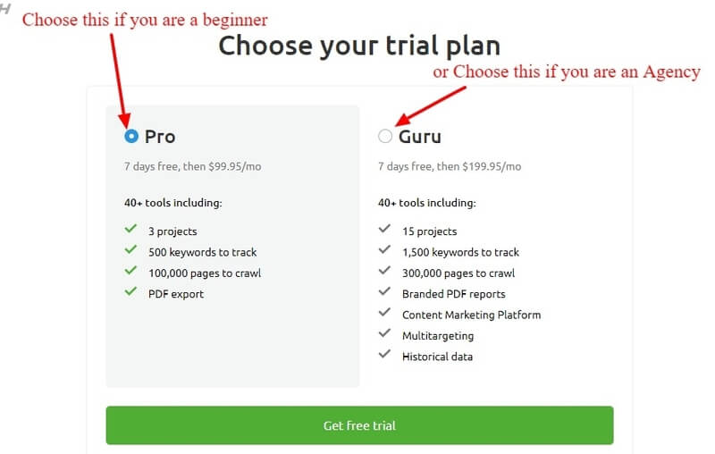 Choose your free trial plan to signup with SEMrush