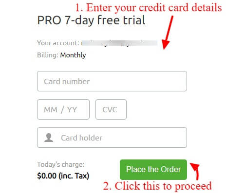 Enter your credit card details to create SEMrush account