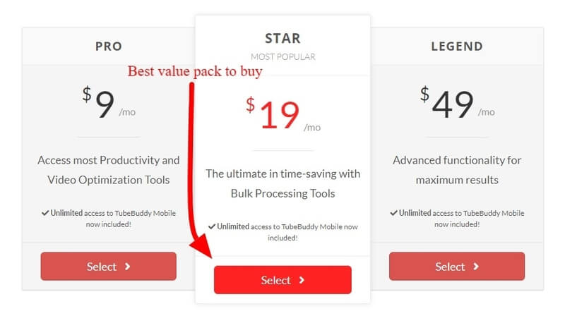 TubeBuddy pricing page