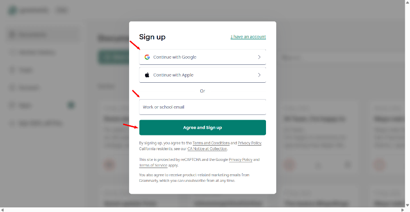 Grammarly account creation