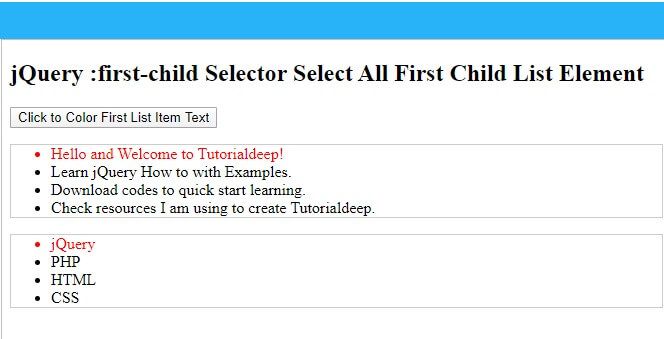 Live demo for jquery :first-child selector