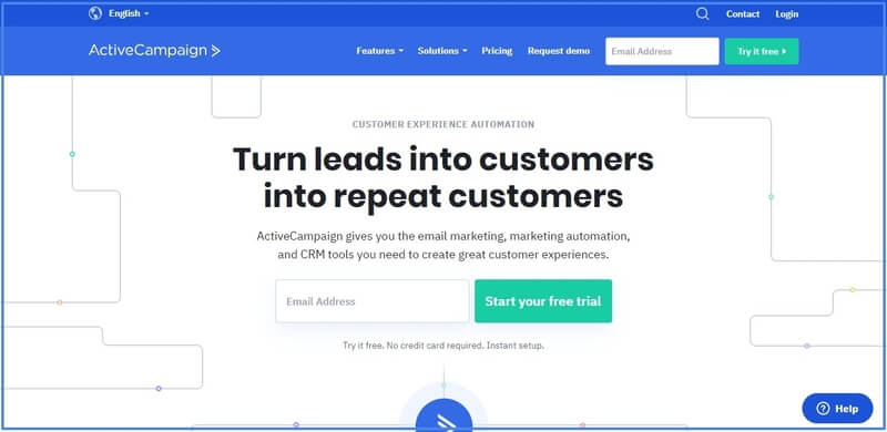 ActiveCampaign homepage for email marketing