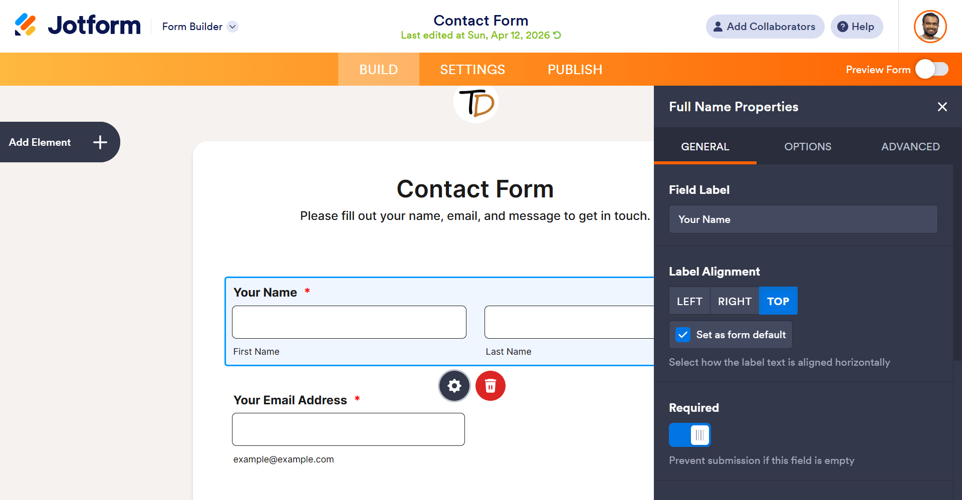 Jotform form builder field setting options